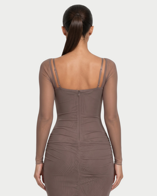 NOIR Lace Bust Sheer Mesh Long Sleeve Maxi Dress