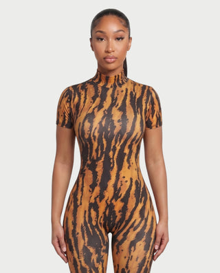 CAPRINA Tiger Print Mock Neck Open-Back Romper
