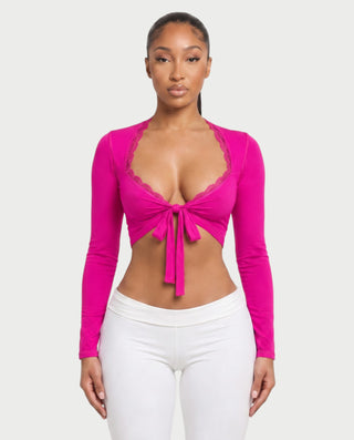 ZEINARA Lace Trim Tie-Front Long Sleeve Crop Top