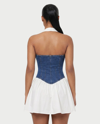 BEA Denim Corset Halter Flare Mini Dress
