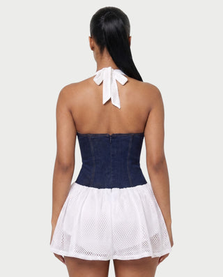 JADIE Corset-Waist Halter Bubble Mini Dress