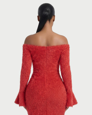 AVELLE Off-Shoulder Fuzzy Bell Sleeve Maxi Dress