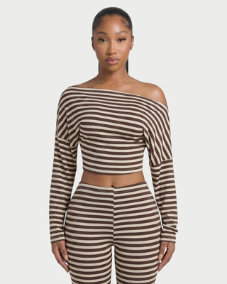 MELVY Off-Shoulder Striped Crop Top & Capri Pants Set