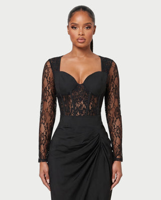 NOREEN Sheer Lace Corset Ruched Side-Drape Midi Dress