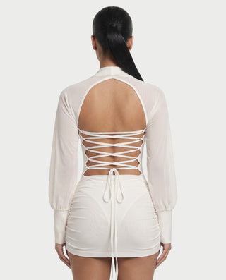 NARRI Deep V-Neck Ruched Draped Lace-Up Back Mini Dress