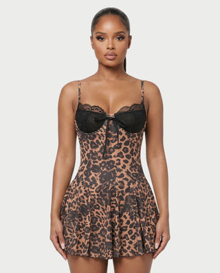 NAISHA Leopard Print Lace Tie-Front Mini Dress