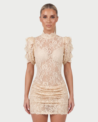ODETTE Mock Neck Sheer Lace Bodycon Mini Dress