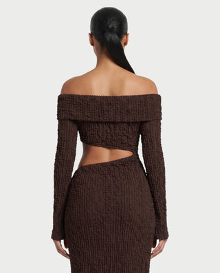 ADARNA Off-Shoulder Long Sleeve Cutout Textured Bodycon Maxi Dress