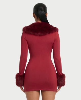 NANIA Faux Fur Trim Long Sleeve Bodycon Mini Dress