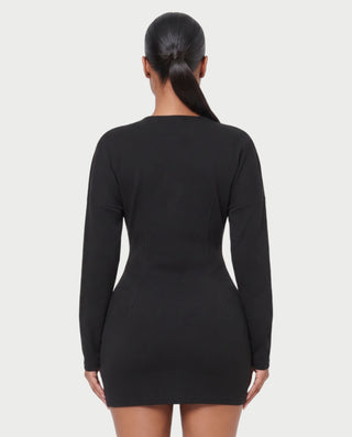AUSTINA Deep V-Neck Button-Front Long Sleeve Mini Dress