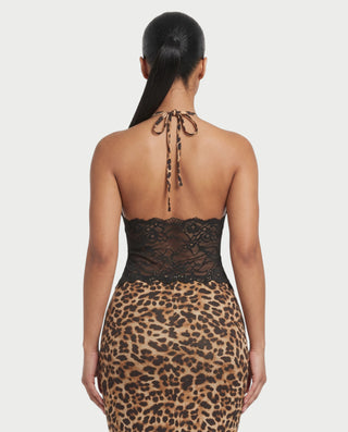 NAVYA Leopard Lace Panel Bodycon Maxi Dress