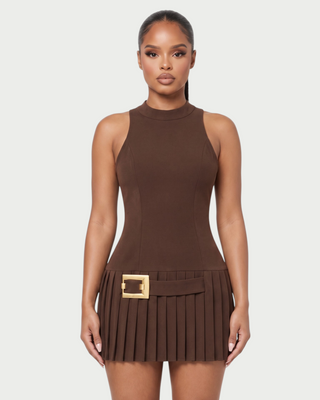 RETTA Mock Neck Belted Pleated Mini Dress