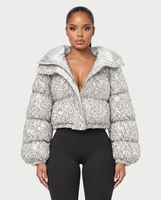 RENYA Sequin Hooded Cropped Zip-Up Puffer Jacket