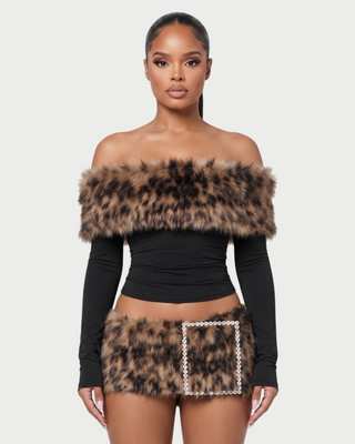 VIVIEN Leopard Off-Shoulder Faux Fur Trim Mini Skirt Set