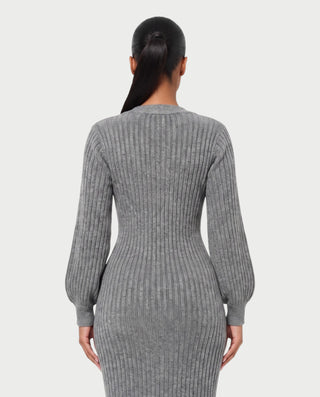 KIVA V-Neck Ribbed Knit Balloon Sleeve Maxi Dress