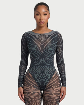 CELESTINE Abstract Print Mesh Bodysuit & Sheer Leggings Set