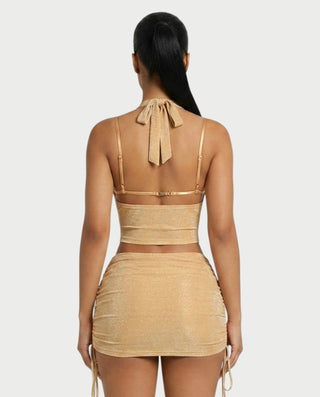 LAVANYA Shimmer Halter Three-Piece Skirt Set