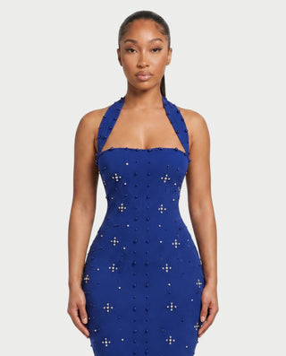 SHIVINA Beaded Halter Open-Back Bodycon Maxi Dress