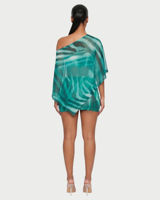OVALINE Sheer Zebra Print One-Shoulder Top & Mini Skirt Set