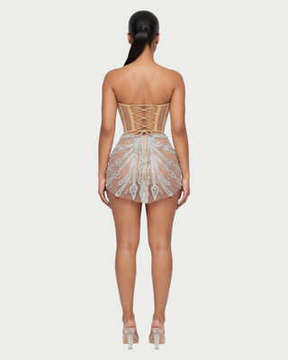 SORVEL Rhinestone Embellished Mesh Mini Dress