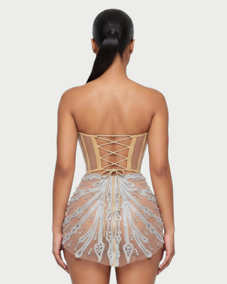SORVEL Rhinestone Embellished Mesh Mini Dress