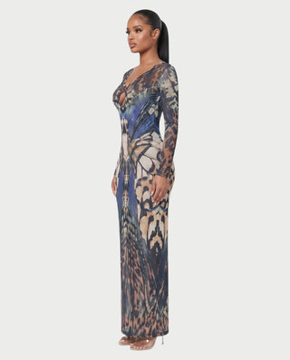 SANDARA Butterfly Print Ring-Detail Bodycon Maxi Dress