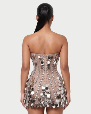 LANAYA Mesh Rhinestone Paillette Mini Dress
