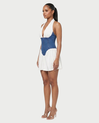 BEA Denim Corset Halter Flare Mini Dress