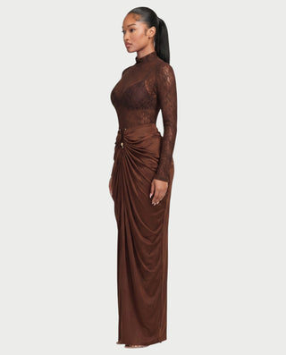 Vestido largo de encaje transparente con cuello alto SUNNA