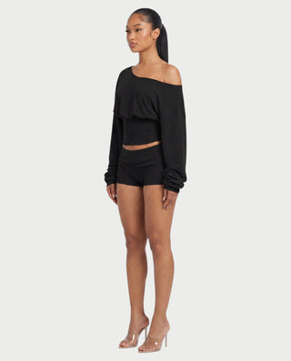LIRABEL One-Shoulder Long Sleeve Top & Mini Shorts Set