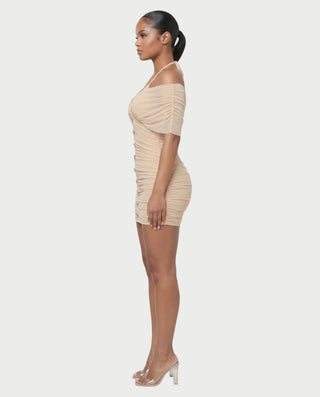 VANE Halter Neck Off-Shoulder Ruched Bodycon Mini Dress
