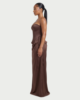 VELIA Corset Ruched Draped Satin Maxi Dress