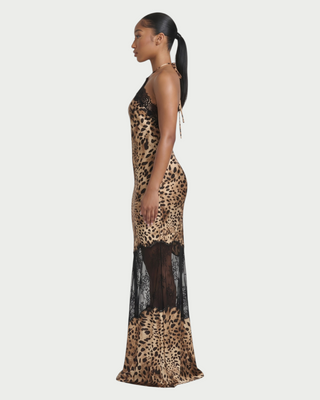 AISLEY Satin Lace Trim Halter Maxi Dress