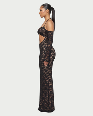 ARVY Floral Lace Halter Cutout Long Sleeve Maxi Dress