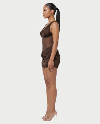 AVIGAIL Cowl Neck Sheer Mesh Draped Satin Mini Dress