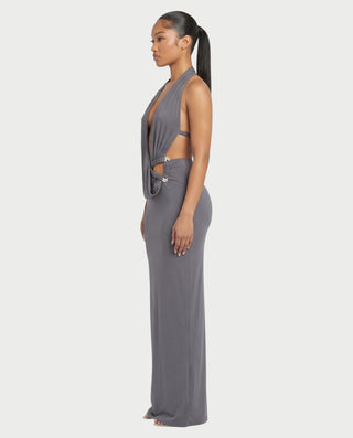 MARYLIN Draped Halter Deep V Side Cutout Maxi Dress