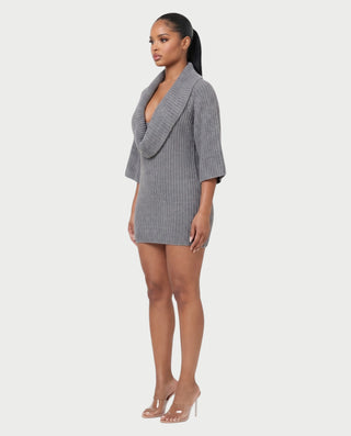 MERIDIAN Cowl Neck Wide Sleeve Ribbed Knit Mini Dress