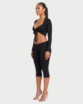 ZEINARA Lace Trim Tie-Front Long Sleeve Crop Top