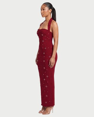 SHIVINA Beaded Halter Open-Back Bodycon Maxi Dress