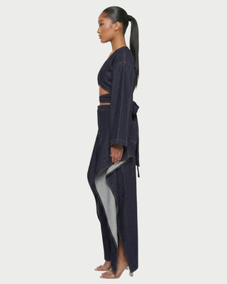 VERON Denim Cropped Wrap Top & Split-Panel Pants Set