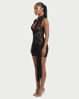 HALRY Lace Draped Side-Tie Mini Dress