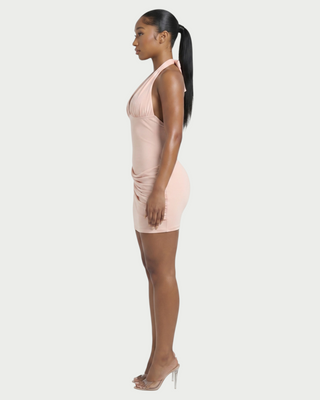 RESSI Ruched Halter Open-Back Mini Dress