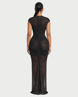 MARIEL Cap Sleeve Keyhole Cutout Ruched Sheer Maxi Dress