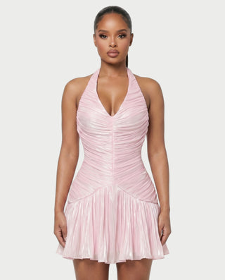 LITE Shimmer Ruched Halter Pleated Mini Dress
