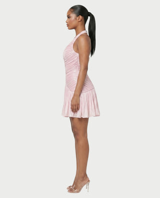 LITE Shimmer Ruched Halter Pleated Mini Dress
