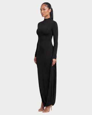 ALMERA Mock Neck Draped-Sleeve Bodycon Maxi Dress