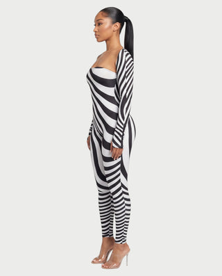 NOVIE Swirl Strapless Jumpsuit & Cropped Shrug Set