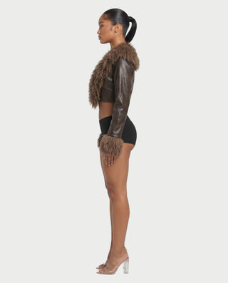 ADALEE Faux Leather Bolero Crop Jacket with Shaggy Fur Detailing