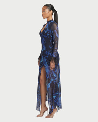 AVALIE Abstract Print Mesh Keyhole High-Low Maxi Dress