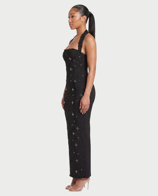 SHIVINA Beaded Halter Open-Back Bodycon Maxi Dress